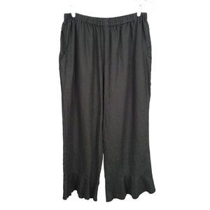 JUNONIA Women's Pants Size 1X Gray Linen Pull On Wide Leg Pockets Ruffle Hem